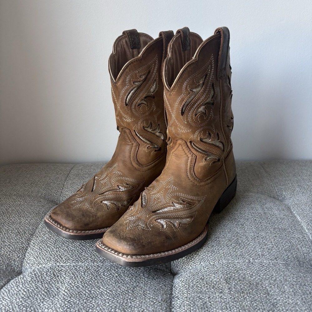 Ariat Western Boots Youth Sz4 Brown Embroidered Square Toe Cowgirl Leather